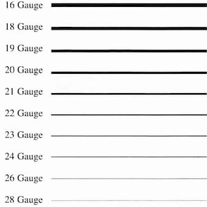 May include: A series of black lines of varying thicknesses, each labeled with a gauge number from 16 to 28. The lines are evenly spaced and arranged vertically against a white background. The gauge numbers indicate the thickness of the lines.