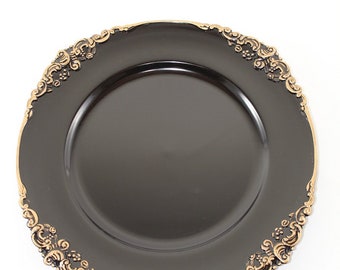 13" Black & Gold Flower Stud Charger Plate/Wedding Decor/Home Decor/Dinner Party/Antique Theme/Antique Dinner Theme/Gatsby Theme