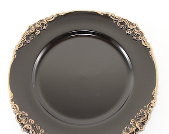 13" Black & Gold Flower Stud Charger Plate/Wedding Decor/Home Decor/Dinner Party/Antique Theme/Antique Dinner Theme/Gatsby Theme