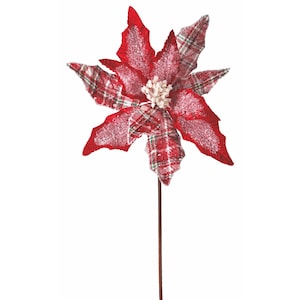 24&quot; Red, White, Green Frosted Plaid Velvet Poinsettia/Holiday Decor/Christmas Decorations/Poinsettia Picks/Poinsettia Flowers/Poinsettia