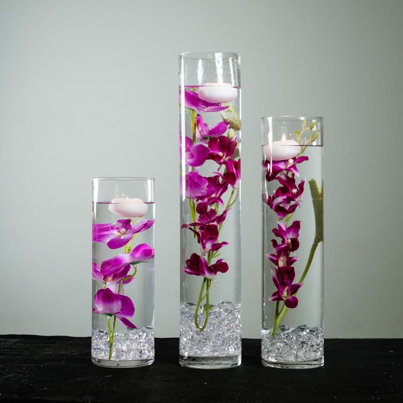 Submersible Blue/Purple/Pink/White/White with purple/Yellow Orchids Floral Wedding Centerpiece with Floating Candles and Acrylic Crystal Kit Purple