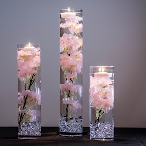 Submersible Pink, White, Blue, turquiose Cherry Blossom Floral Wedding Centerpiece with Floating Candles and Acrylic Crystals Kit image 2