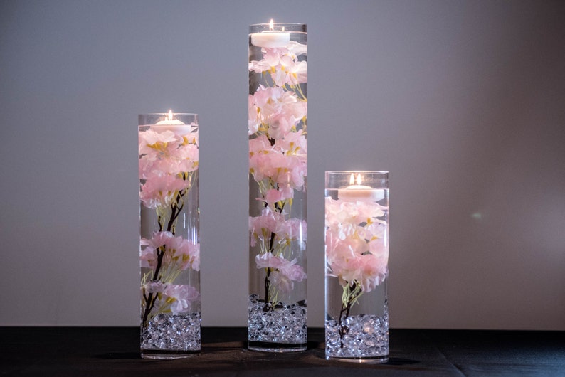 Submersible Pink, White, Blue, turquiose Cherry Blossom Floral Wedding Centerpiece with Floating Candles and Acrylic Crystals Kit image 2