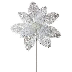 22&quot; White Mica/Glitter Net Poinsettia Spray/ Holiday/Christmas/Winter/White/Holiday Decor/Christmas Decorations/Picks/Flowers/Poinsettia