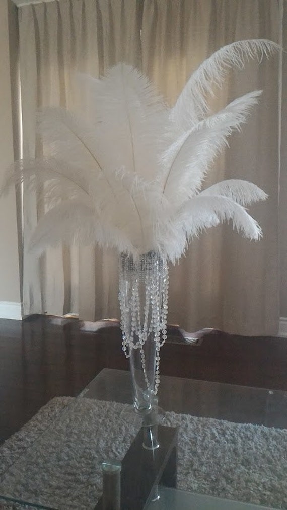 White ostrich feather centerpiece with martini vase & hanging