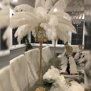28 Tall GATSBY LARGE CRYSTALS Gold Crystal Globe Stand Ostrich Feather Centerpiece Great Gatsby/Wedding/Old Hollywood/Glitz andGlam image 1