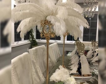 28" hohe GATSBY GROSSE KRISTALLE, Goldkristall-Globusständer, Straußenfeder-Herzstück, toller Gatsby/Hochzeit/Old Hollywood/Glitzer und Glamour