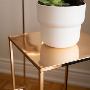 May include: A gold metal plant stand with a square top and a white ceramic pot with succulents. The stand is on a wooden floor.