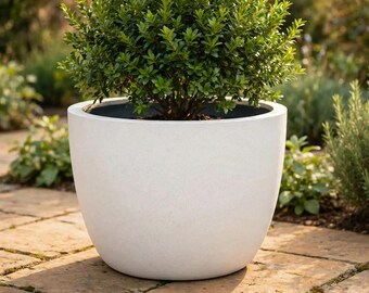 Round Ficonstone Pot White 17.7x13.5 Inch | Large Smooth Stone-Look Planter | Patio Garden Pot