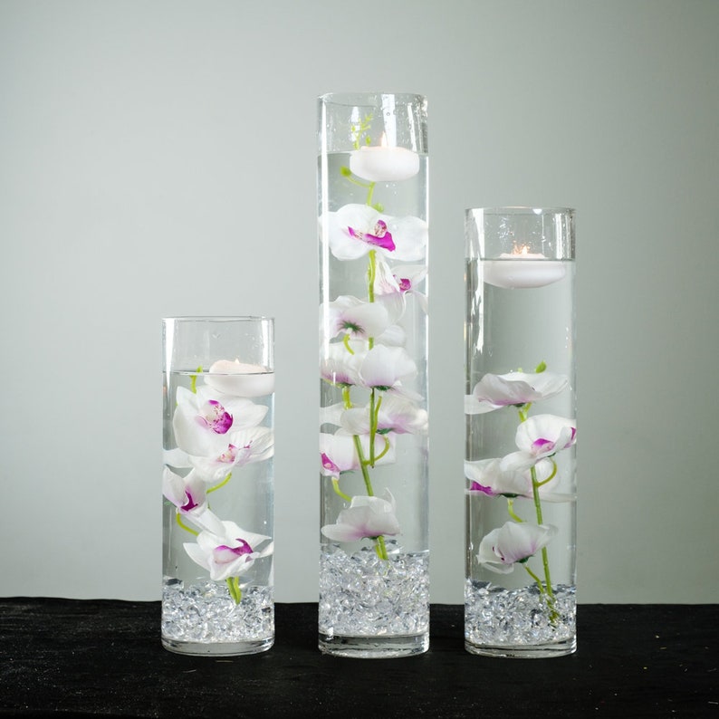 Submersible Blue/Purple/Pink/White/White with purple/Yellow Orchids Floral Wedding Centerpiece with Floating Candles and Acrylic Crystal Kit White with Purple