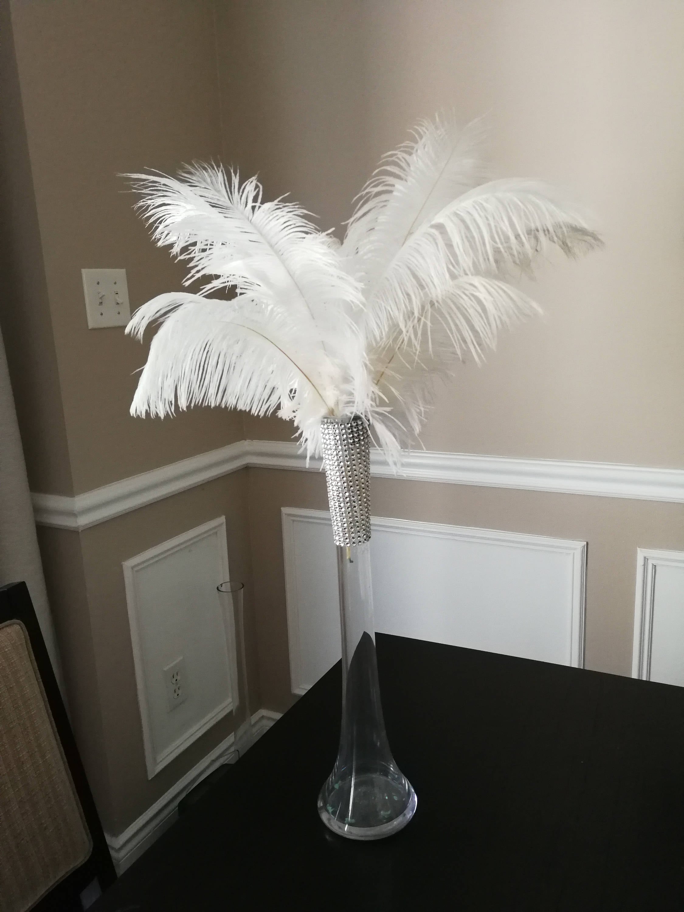 Tall Lily Vase Table Centrepiece with White Feathers