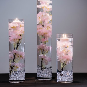 Submersible Pink, White, Blue, turquiose Cherry Blossom Floral Wedding Centerpiece with Floating Candles and Acrylic Crystals Kit