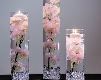 Submersible Pink, White, Blue, turquiose Cherry Blossom Floral Wedding Centerpiece with Floating Candles and Acrylic Crystals Kit