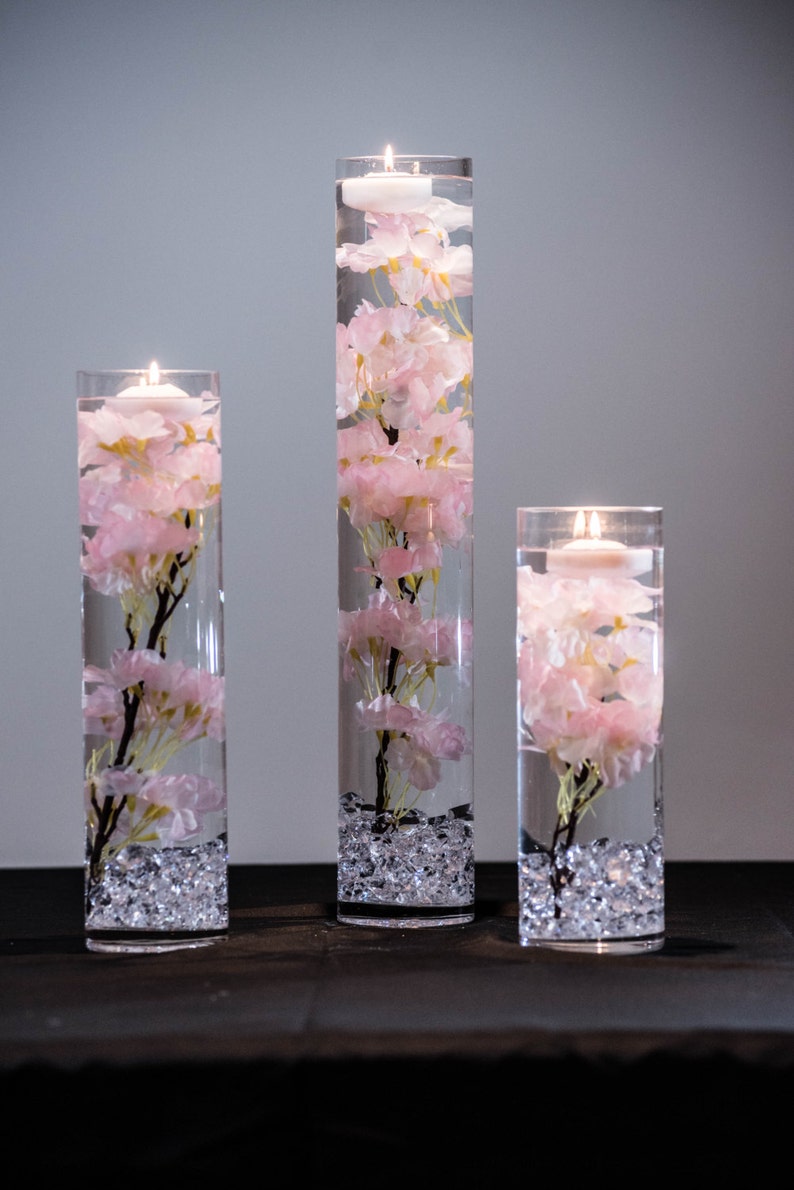 Submersible Pink, White, Blue, turquiose Cherry Blossom Floral Wedding Centerpiece with Floating Candles and Acrylic Crystals Kit image 1