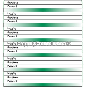 May include: A printable sheet with a green gradient background and black lines. The sheet is titled "Data/Passwords" and has spaces for listing website names, usernames, and passwords.