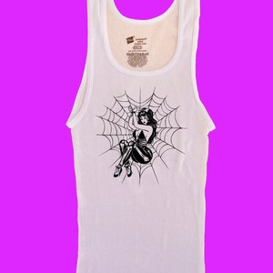 Ribbed Tank // Spiderweb Pinup Girl // Rockabilly Gothic Comic Babe