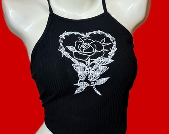 BarbedWire Heart Rose Butterfly // Screen Print Halter Top // Backless Lace Cotton Crop Top