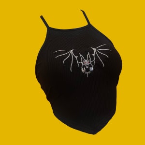 Bat  // Embroidered Halter Top // Backless Lace Cotton Crop Top