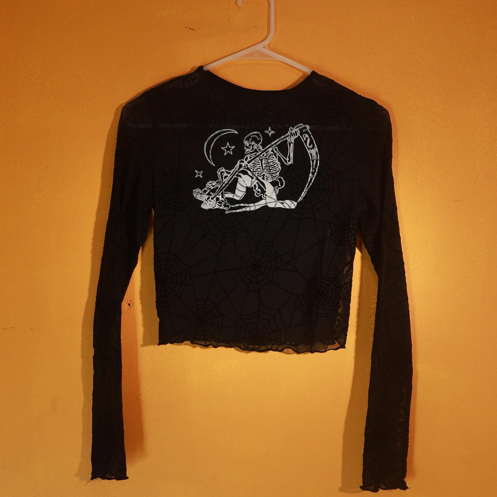 S_Screen Printed Mesh Spiderweb Top with Grim Reaper