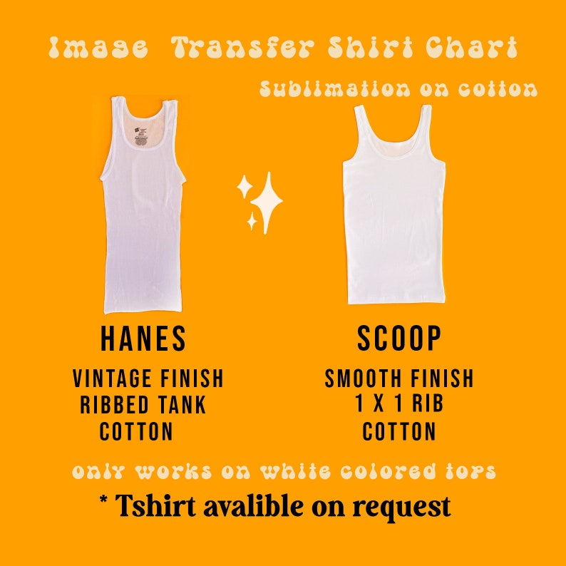 Może przedstawiać: Obraz przedstawiający dwa białe podkoszulki: Hanes vintage z prążkowanej bawełny i Scoop gładki 1x1 z bawełny. Tekst brzmi "Image Transfer Shirt Chart" i "Sublimacja na bawełnie".