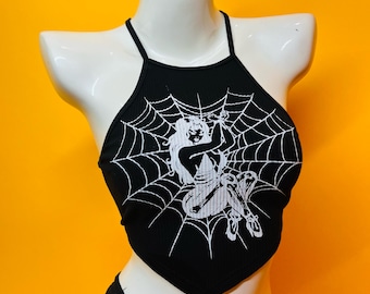 Telaraña Pinup // Top Halter con Estampado de Serigrafía // Top Corto de Algodón con Encaje y Espalda Descubierta