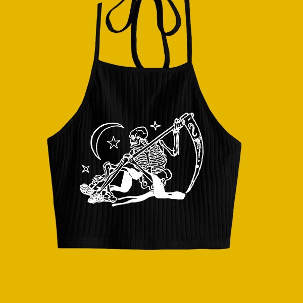 Vintage Skull Reaper Illustration // Screen Print Handmade // Black  Halter Top