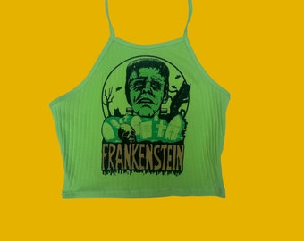 Vintage Frankenstein Halter top // Lime Green Vintage Graphic