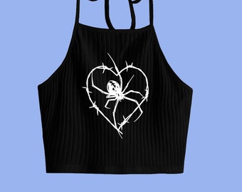 Black Halter Top // Spider Heart Screen Printed top