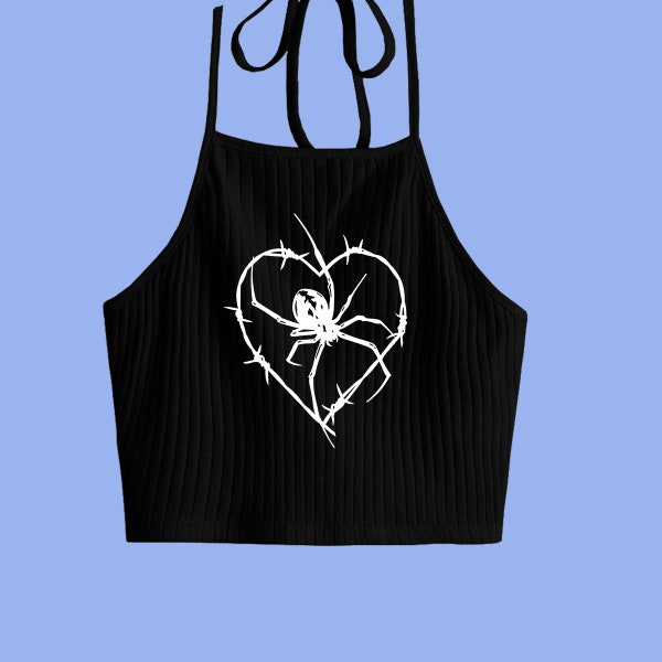 Black Halter Top // Spider Heart Screen Printed top