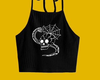 Snake Skull Spiderweb   // Screen Print Handmade // Black  Halter Top