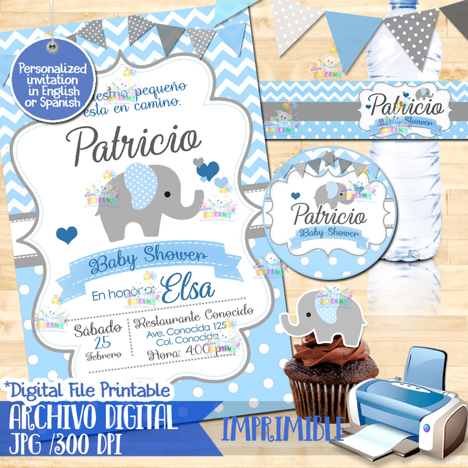 Cute Baby ELEPHANT BIRTHDAY Invitation Cute Baby Elephant Boy Invite Birthday Invite Customized Digital Invitation High Resolution