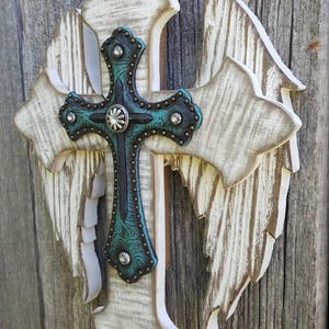 Small Ivory White Reclaimed Wood Wall Cross Western Turquoise Faux Leather Cross Decor Off White Distressed Repurposed Pallet Wood Cross