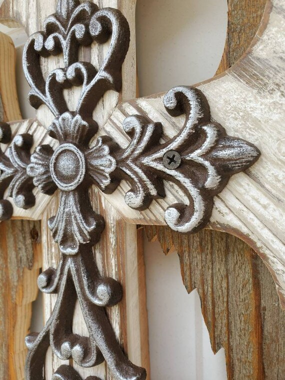 Polyresin Distressed White Scrollwork & Inspirational Message Fleur De Lis Hanging Wall Cross Décor