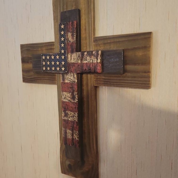 American Flag Wall Cross w/slate gray Rustic Distressed Wood Tattered  Hanging Décor Repurposed Recycled Weathered Cedar Wood GREAT GIFT!