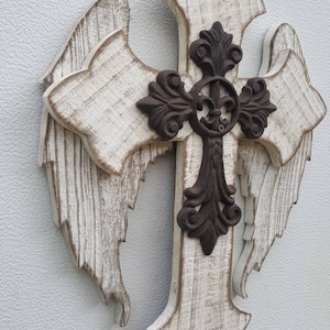 Off-White Ivory Angel Wing Fleur de lis Wall Cross Hanging Cross Home Decor Distressed Cedar Pallet Wood Cast Iron Repurposed Wood Cross