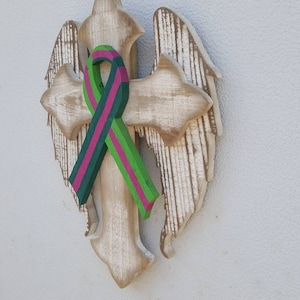 Small Ivory White Angel wing Cross Metastatic Breast Cancer Ribbon Disease Distressed Repurposed Pallet and Weathered Cedar Fence Wood Cross