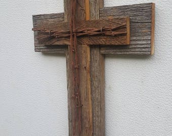 Small Barbed Wire Rustic Cedar Wood Wall Cross Decor Barbed Wire Cross Repurposed Reclaimed Barn Wood Country Western Gift GREAT GIFT!