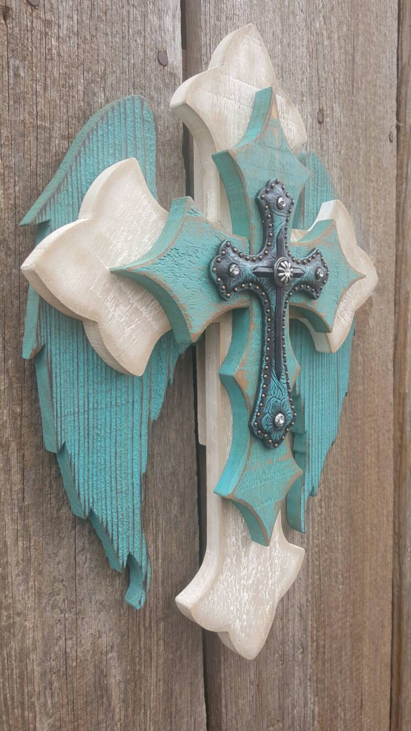New Angel Wing / Western Cross Hanging Cross Decor Distressed Etsy