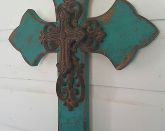 Teal Fleur-De-Lis Wall Cross Hanging Cross Decor Distressed Pallet Wood Rusty Cast Iron Center Cross Repurposed Wood Cross GREAT GIFT!