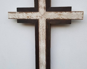 Art Deco Rustic Cedar Wood Cross distressed White & Brown Wall Hanging Cross Home Decor Distress Reclaimed Recycled Repurposed Wood Cross
