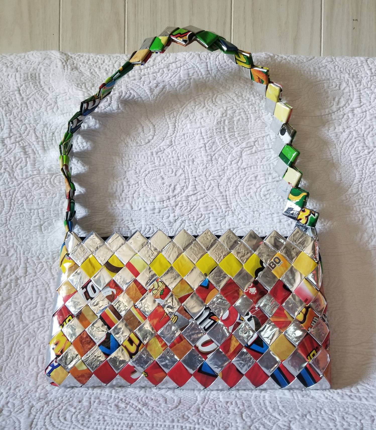 Handmade Tote Bag Med/Lg Recycled Woven Material Eco Crisp Chips Candy  Wrappers