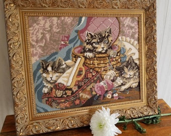 Vintage framed embroidery CATS CREWEL Art