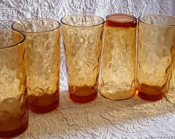 Vintage set of 6 Hazel Atlas  AMBER BUBBLE pattern drinking glasses