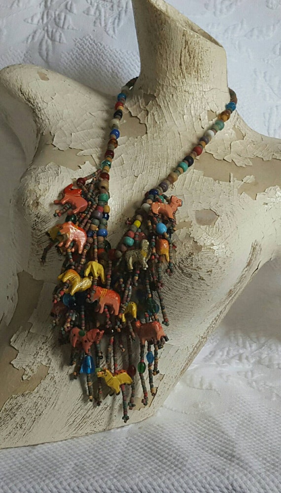 Vintage Hand Crafted Animal Beaded Necklace Folk A