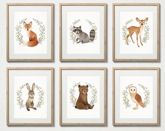 Set of 6 Woodland Nursery Prints, Floral Woodland Nursery Printables, Woodland Nursery Prints, Woodland Floral Animals Nursery