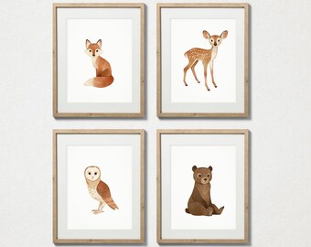 Set of 4 Woodland Nursery Prints, Woodland Nursery Printables, Woodland Nursery Prints, Woodland Animals Nursery