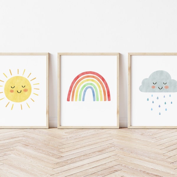 Sunshine Nursery Print, Sun Rainbow Cloud Art Print, Neutral Nursery Decor, Rainbow Poster, Playroom Art Print, Rainbow Print Set