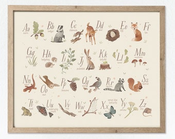 Horizontal Woodland Alphabet Poster, Landscape Woodland Alphabet Print, Woodland Nursery, Woodland Art Print, Woodland ABC, Printable