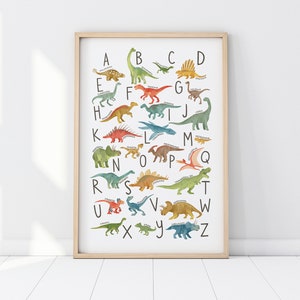 Impresión del alfabeto de dinosaurio, impresión ABC, impresión del alfabeto, impresión de dinosaurios, arte de la pared de los niños, ABC de dinosaurios, decoración de la guardería, vivero de dinosaurios