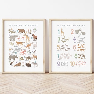 Conjunto de números de alfabeto de animales, números de animales, cartel de ABC de animales, decoración del aula, decoración de la sala de juegos, cartel del alfabeto, descarga digital